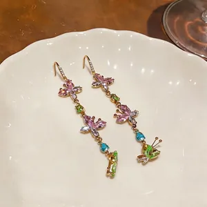 Elegant long drop colorful butterfly tassel earrings with sparkling zircon crystals