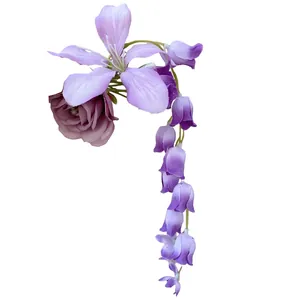 Elegant purple fabric flower hair clip with dangling floral tassel for sweet holiday style