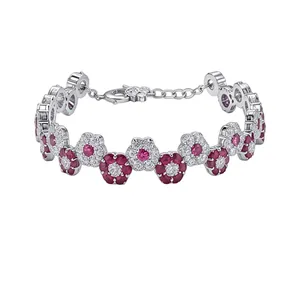 Elegant silver-tone bracelet featuring sparkling zircon-encrusted flowers in red and white.