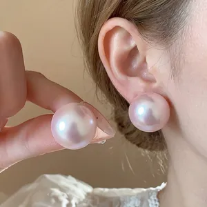 Pendientes de Botón de Perla Artificial Irisada Estilo Francés para Mujer Con Poste de Plata de Ley 925 Joyería Redonda Elegante