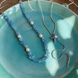 Blue beaded pearl necklace with rhinestone starfish pendant silver chain set