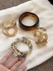 Vintage Maillard resin bangle and woven gold cuffs with elegant beaded bracelet set