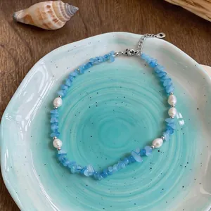 Elegant luxury light blue sea stone and white pearl necklace choker ocean style jewelry