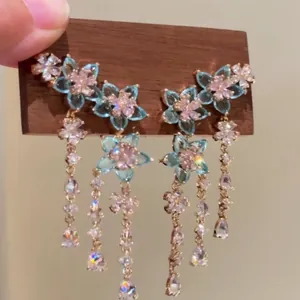 Vintage Copper Drop Earrings With Blue Pink Zirconia Flower Long Tassel Fairy Light Luxury Gold Plated Jewelry For Women Gift