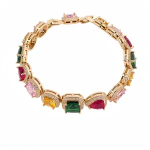 Elegant gold-plated bracelet with multi-colored faceted zircon stones for women.