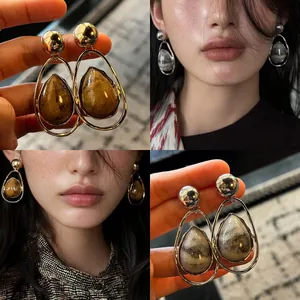American Retro Teardrop Stone Texture Stud Earrings Alloy Electroplated Silver Earring Post Light Luxury Jewelry For Women