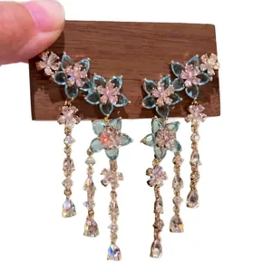 Vintage blue zircon flower tassel earrings with shimmering crystals and elegant dangles