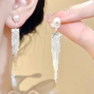 Eleganti orecchini a clip con nappe lunghe e perla raffinata in stile francese per donna