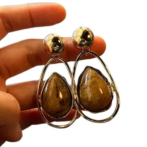 Elegant vintage gold plated waterdrop earrings featuring a natural brown stone texture