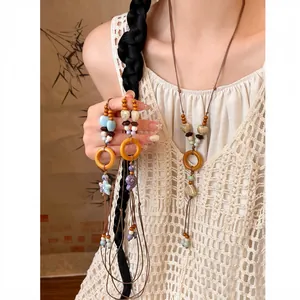 Ethnic New Chinese Style Leather Cord Ceramic Wood Shell Pendant Necklace Long Sweater Chain For Women Handmade Jewelry