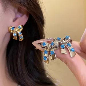 Vintage Copper Zirconia Bowknot Flower Stud Earrings With Silver Earring Post Elegant Light Luxury Women Fashion Jewelry Earrings