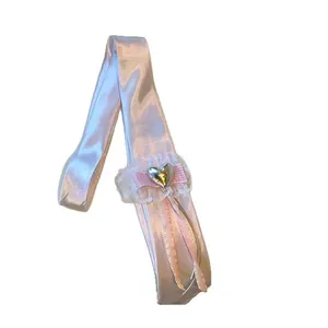 Elegant sweet pink silk ribbon necklace featuring lace bow and silver heart pendant charm