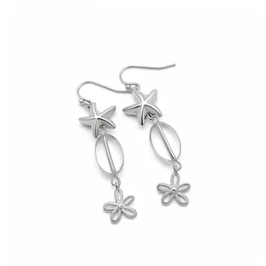 Elegant silver starfish and transparent glass oval flower drop earrings for beach vacation