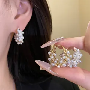 Elegant 18K Gold Plated Copper Round Hoop Earrings With Zirconia And Artificial Pearl For Women Lightweight Fashion Accessory