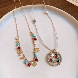 Bohemian Stone Beaded Pendant Necklace For Women Alloy Round Hollow Floral Design Luxury Ins Style Artificial Pearl Gold Necklaces Jewelry