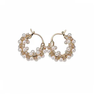 Elegant 18k gold plated hoop earrings with white pearls and sparkling cubic zirconia stones