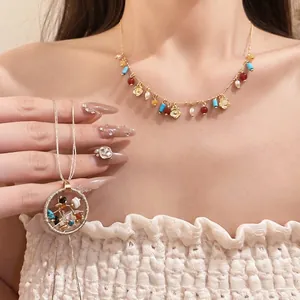 Bohemian colorful stone beaded choker and circular hollow pendant necklace set for women