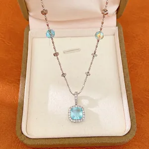 Light Luxury Copper Zirconia Square Pendant Necklace Glass Beaded Clavicle Chain For Women Elegant Daily Simple Neck Jewelry