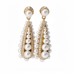 Elegant vintage gold-tone drop earrings featuring multiple white pearls and pavé stones