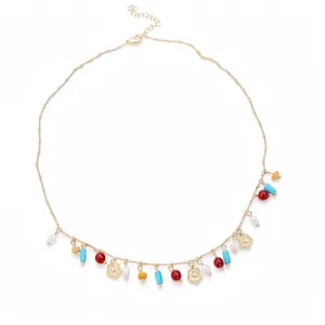 Bohemian colorful stone beaded necklace with gold hollow flower charms collarbone chain