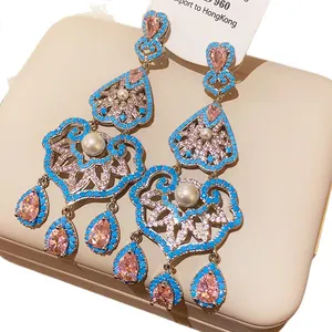 Luxury vintage palace style floral dangle earrings with pink zircon and pearls for women
