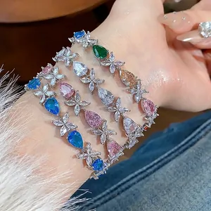 Sweet Copper Zirconia Flower Water Drop Bracelet For Women High-End Luxury Fashion Sparkling Colorful Jewelry Gift For Banquet Party Daily Wear