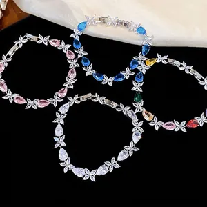 Elegant zircon bracelets with water drop and flower charms in various vibrant colors