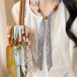 Summer Chiffon Printed Necklace With Wood Beads Bohemian Floral Pattern Long Sweater Chain For Women Refreshing Jewelry