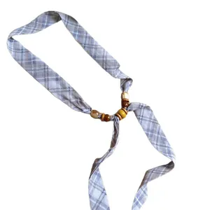 Plaid chiffon necklace with wooden beads and versatile scarf-style design