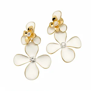 Elegant retro enamel flower earrings with white petals and gold trim