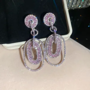 Elegant pink zircon drop earrings with silver needles for a high-end luxury fashion look