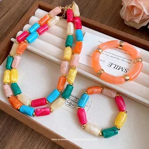 Colorful dopamine style acrylic marbled cylindrical bead necklace and bracelet jewelry set.