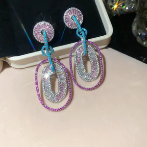 Elegant silver needle dangle earrings with multi-color zircons and blue accents