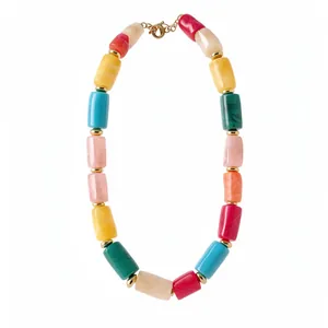Vibrant multi-color acrylic cylindrical bead necklace with artistic marbled texture