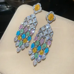 Luxury silver needle earrings featuring colorful zircon flower and water drop tassels