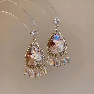 French vintage waterdrop floral earrings with sparkling rhinestones and iridescent tassels