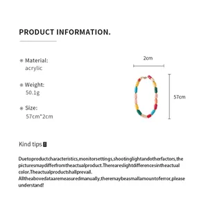 Detailed product information for a colorful marbled acrylic cylindrical bead necklace