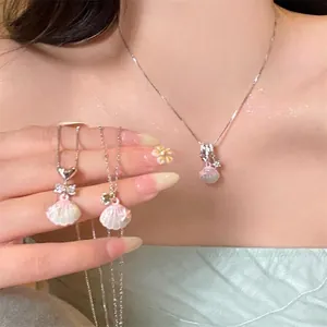 Korean Style Sweet Zirconia Copper Shell Pendant Necklace Gradient Star Bowknot Artificial Pearl Jewelry For Women Daily Gift