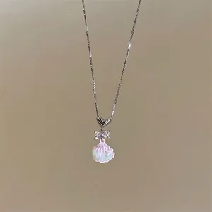 Sweet style stainless steel necklace featuring sparkling bow and pink shell pendant