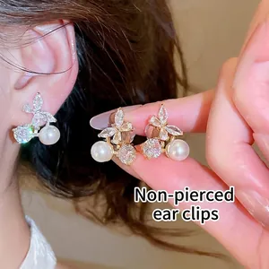 18K Gold Plated Copper Butterfly Pearl Clip-on Earrings For Women Elegant Zirconia Non-Pierced Ear Clips Fashion Jewelry Gift