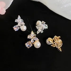 18k gold plated zircon butterfly pearl clip-on earrings for non-pierced ears