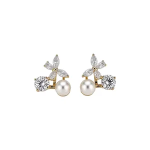 Elegant 18k gold plated butterfly ear clips with sparkling zircon and white pearls