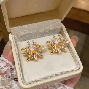 Detailed macro view of gold-tone zircon flower stud earrings in a luxury jewelry box