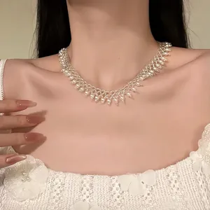 French Vintage Elegant Pearl Beaded Necklace For Women Luxury Artificial Pearl Choker Lace Weave Statement Necklace Jewelry Gift
