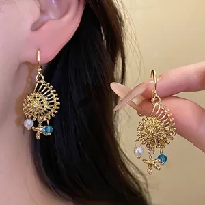 Pendientes Largos de Aleación de Oro Retro con Concha y Estrella de Mar Poste de Plata de Ley 925 Perla Artificial Strass Azul Joyería para Mujer