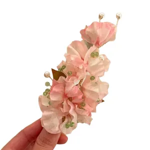 Elegant fabric flower hair clip with pearls and green beads for Hanfu styling