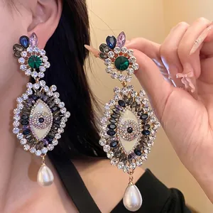 Vintage Evil Eye Drop Earrings For Women Gold Plated Alloy Inlaid Rhinestone Artificial Pearl Dangle Earrings 925 Silver Post