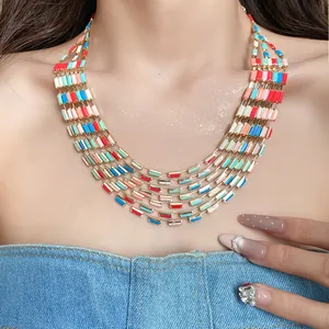 Detailed macro view of a colorful multi-layered vintage necklace worn on a model's neck