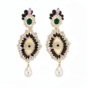Elegant vintage evil eye earrings with colorful rhinestones and teardrop pearl pendants