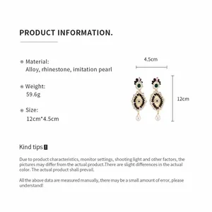 Detailed product specifications for vintage rhinestone eye earrings with pearls